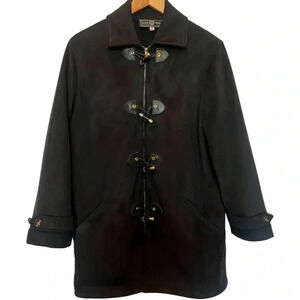 ST. JOHN SPORT | Toggle Button + Zip Coat | Black Suede-like w Gold accents | S